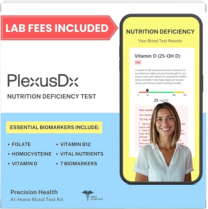 Vitamin and Iron Deficiency Test Home Kit | 7 Vital Biomarkers | Vitamin B12, Homocysteine, Hematocrit, Folate, Ferritin, Albumin, Vitamin D Test | At Home Nutrition and Blood Anemia Test Kit