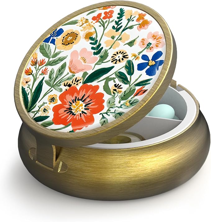 Small Pill Case Pill Box with Mirror Retro 3 Compartment Pill Holder for Purse or Pocket Bronze Portable Medicine Vitamin Container Fish Oil and Supplement Storage BPA-Free(Hand Painted Wildflowers)