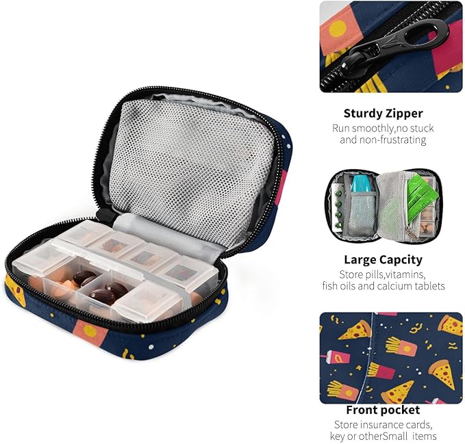 Cute Navy Blue Fast Food Travel Pill Organizer Case Box Container Weekly Portable Vitamin Medicine Holder Storage Bag with Zipper Removable