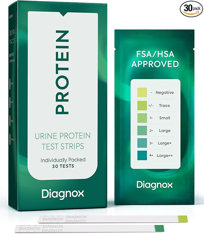 Diagnox Health Urine Protein Test Strips | At-Home Proteinuria Monitoring | Individually Wrapped, Fast 60-Second Results | Easy Urinalysis Test, Pack of 30