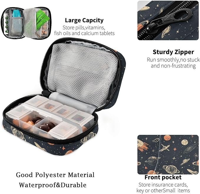 Fustylead Hand-Drawn Space Rocket Planet Elements Travel Pill Case Bag with Zipper Weekly Pill Box 8 Compartments 7 Day Personal Pill Case Purse Medicine Case Organizer