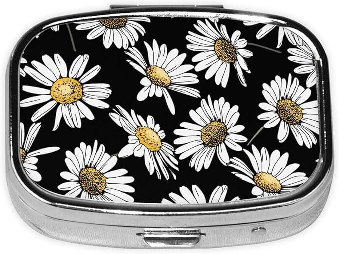 Pill Case Pill Box with Mirror Silver Pocket 2 Compartment Medicine Case Vitamin Pill Organizer for Pocket Purse and Travel Gifts - Floral Chamomile Or Daisy Flowers Black