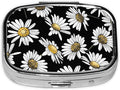 Pill Case Pill Box with Mirror Silver Pocket 2 Compartment Medicine Case Vitamin Pill Organizer for Pocket Purse and Travel Gifts - Floral Chamomile Or Daisy Flowers Black