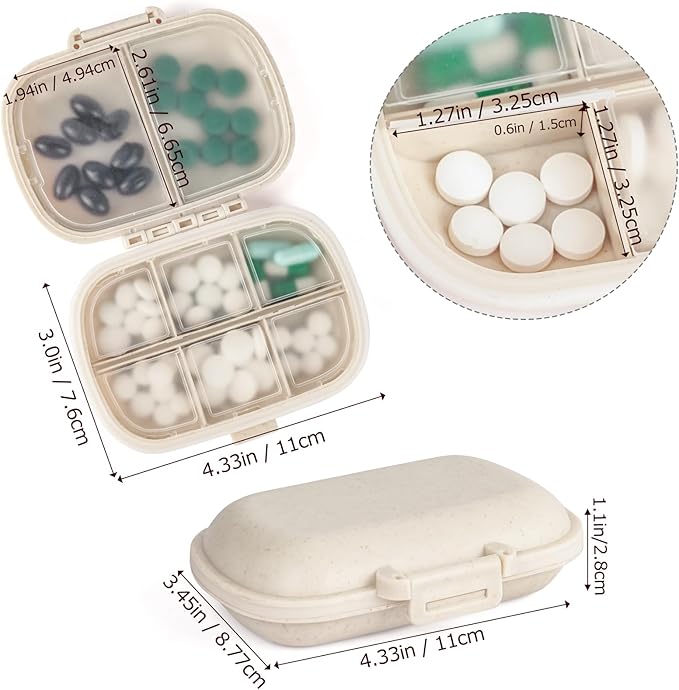 1Pack Travel Pill Organizer & 56 Medicine Name Stickers, 8 Compartments Portable Pill Case, Small Pill Box for Pocket Purse Portable Medicine Vitamin Container (Beige with Stickers)