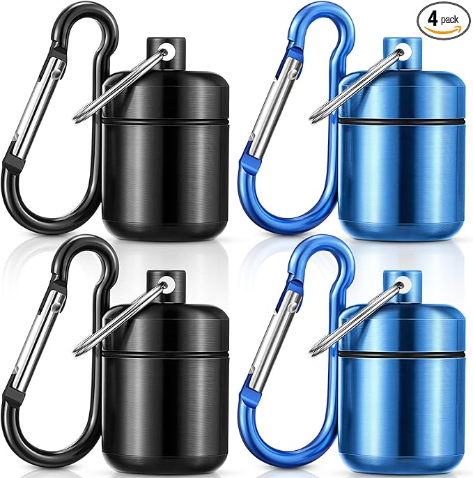 Hicarer 4 Pack Ear Plug Carrying Case, Waterproof Metal Ear Plug Holder with Keychain, Portable Small Pill Case Container for Earplugs, Jewelry, Pill Organizer for Travel or Sports(Black, Blue)