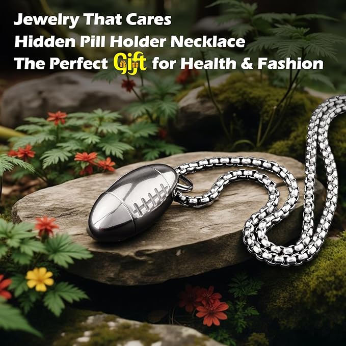 Football Shape Pill Holder Necklace Keychain Titanium Nitro Pill Case for Men Women Small Waterproof Pill Holder for Emergency Aspirin, Pill Container W/Chain Gifts Stocking Stuffers