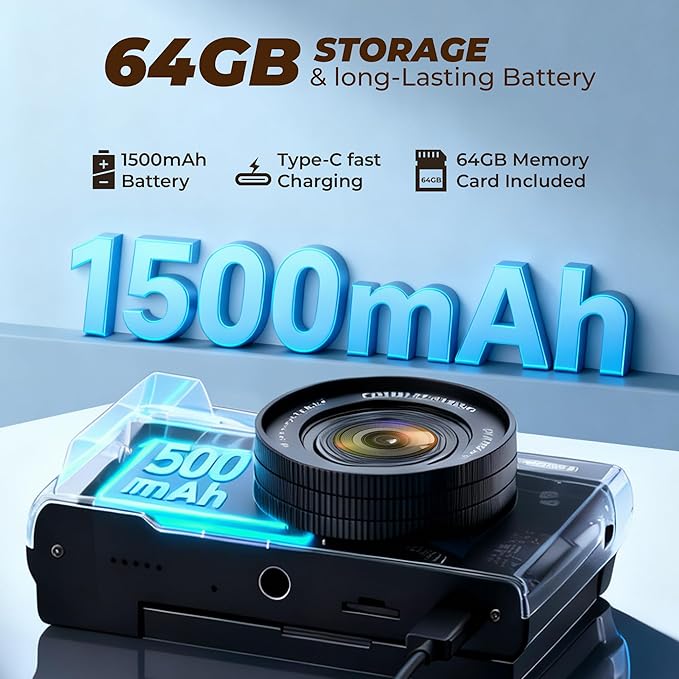 4K Digital Camera,64MP Cameras for Photography with 16X Digital Zoom, AutoFocus Vlogging Camera for YouTube, 3" 180°Flip Screen Compact Travel Camera, Anti-Shake 4K Video Cameras