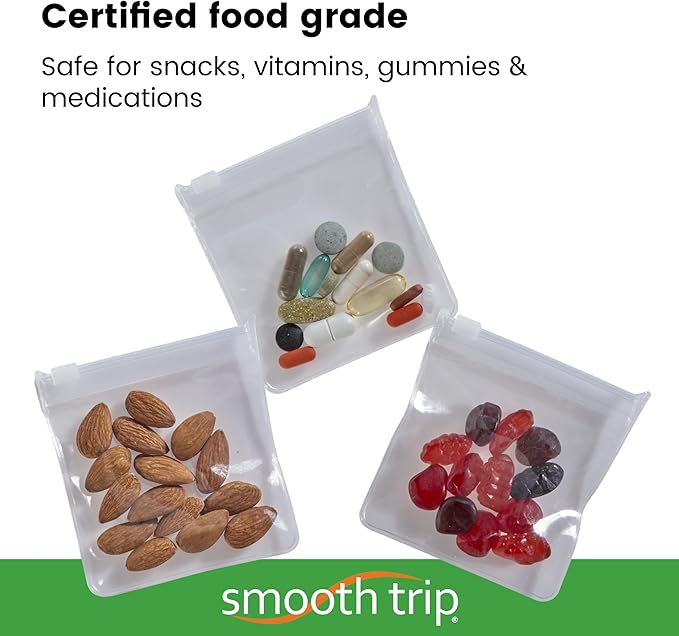 Smooth Trip Pill Bags for Travel - 24 Reusable Certified Food Grade Zip Top Pill Pouches for Medicine, Vitamins, Snacks and Accessories - Larger 3.25 x 3.5" Size