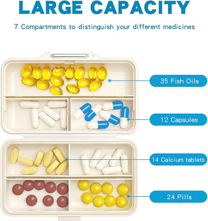 Yivaiks Bling Travel Pill Organizer Crystal Rhinestone 7 Compartments Portable Pill Case Daily Pill Box to Hold Vitamins Small Pill Container for Pocket Purse Medicine Organizer(White)