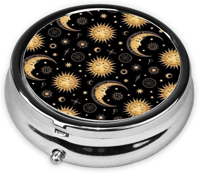 Small Pill Box, Waterproof Portable Daily Small Pill Case for Purses Pocket Compact Travel Medicine Holder for Vitamins,Fish Oils, Supplements, Sun Crescent Moon Stars Astrology Tarot Cards