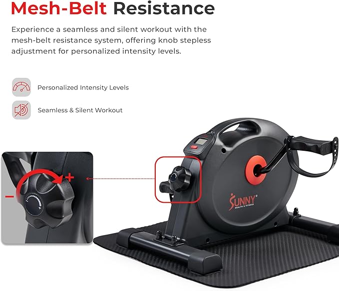 Sunny Health & Fitness Under Desk Smart Mini Pedal Exerciser, Exercise Cycle Bike and Mat/Workout Bands with Low Profile Design - SF-B0418SMART