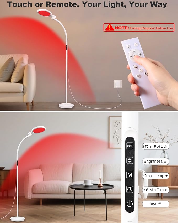 Aoife 670nm Red Light Floor Lamp for Sleep, Adjustable Red Night Light Therapy Bedside Lamp with Remote, Touch Control, 6 Scene Modes & 10 Brightness Levels, Remote Control Needs Pairing