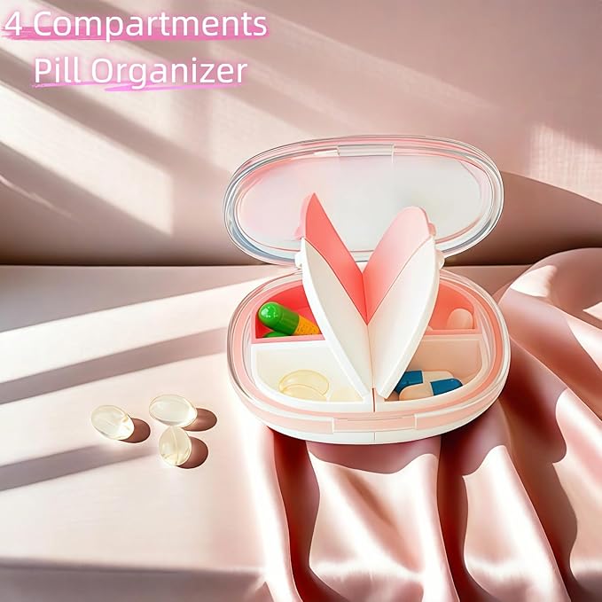 Portable Pill Organizer, Small Pill Case with Pocket 4 Compartments, Travel Pill Box, Pill Container to Hold Vitamin, Fish Oil, Supplement or Jewelry (Pink, 4 Case)