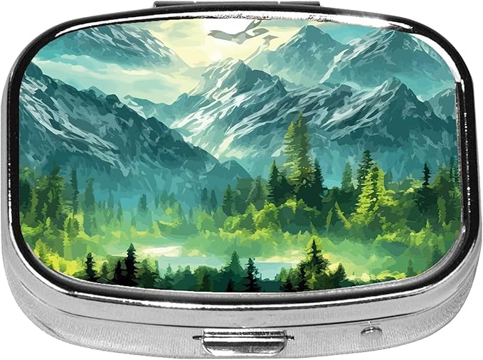 Square Pill Case Small Pill Box with Mirror Pocket 2 Compartment Vitamin Pill Medicine Case Organizer Pill Containers for Traveling Coniferous Forest Mountain Range