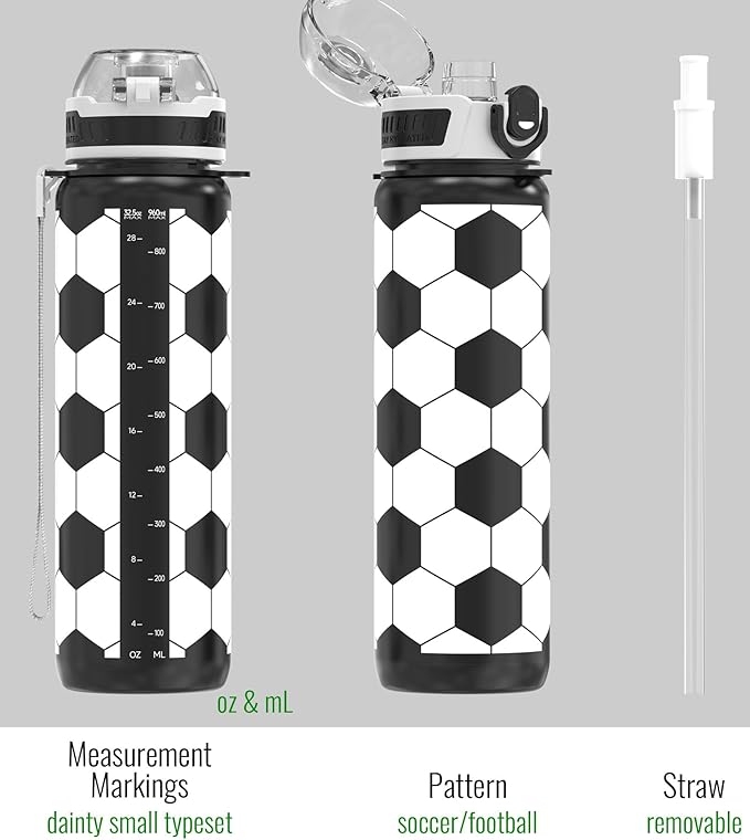 32oz/1L Sport Water Bottle, Light Tritan, Quick-Open Chug Lid/Straw 2-in-1, Leak-Proof, Dishwasher-Safe, BPA-Free, Drop-Resist & Scratch-Resist for Travel/Gym/Office/Fan Gift (Soccer)