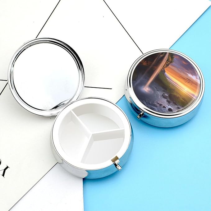 Waterfall at Sunset Pill Box 3 Compartment Small Pill Case Portable Pill Box for Pocket Or Purse Round Metal Pill Box Cute Medicine Organizer Holder to Hold Vitamins Medication