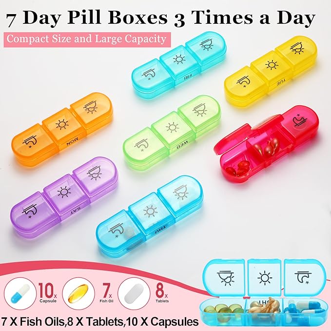 Weekly Pill Organizer 3x a Day, Travel Pill Box 7 Day for Purse, Daily Pill Organizer with Zipper Bag, Pill Dispenser Medicine Organizer for Vitamins, Fish Oils, Medications, Supplements(Pink, Medium)