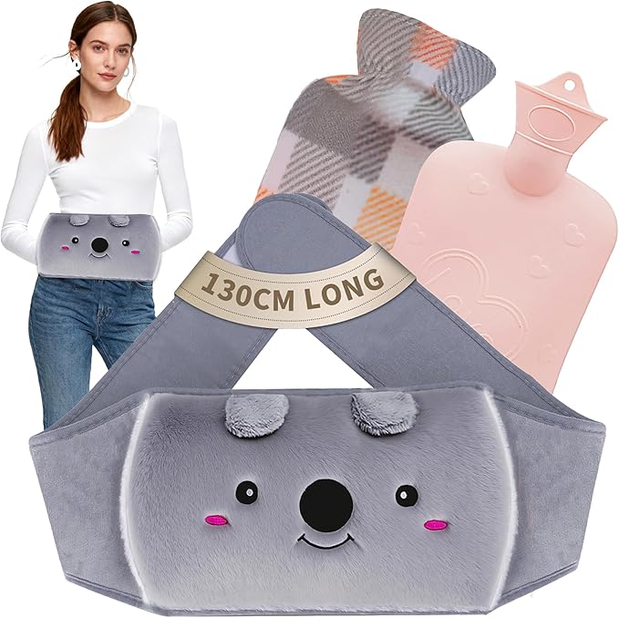 Hot Water Bag, Hot Water Bottle wtih Cover, 1L Rubber Warm Hot Water Bottles Pouch with 130cm Long Soft Waist Cover for Neck, Shoulder, Back, Hand, Legs and Period Pain Relief