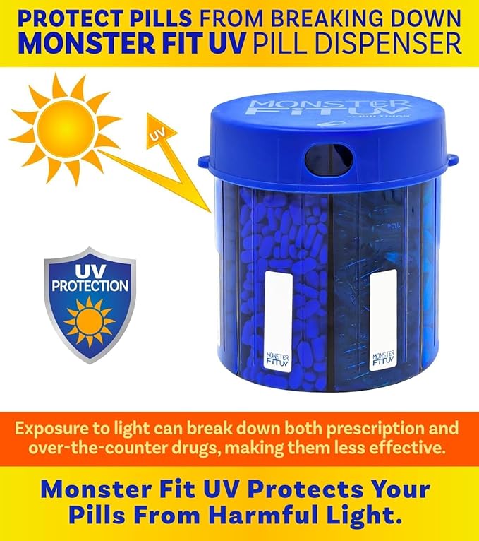 Monster Supplement Medication Pill Dispenser with Compartment Labels - Extra Large Pill Container Bottle Handles Almost Any Supplement - Easy to Dispense (Monster Blue UV -2 Pack)