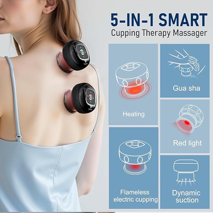 5-in-1 Smart Dynamic Cupping Set, 12 Levels Cupping Kit for Massage Therapy with Red Ligh-t Therapy&Heat Penetrates for Targeted Pain Relief, Knots, Aches, Muscle Soreness - 2Pcs(Black&Black)