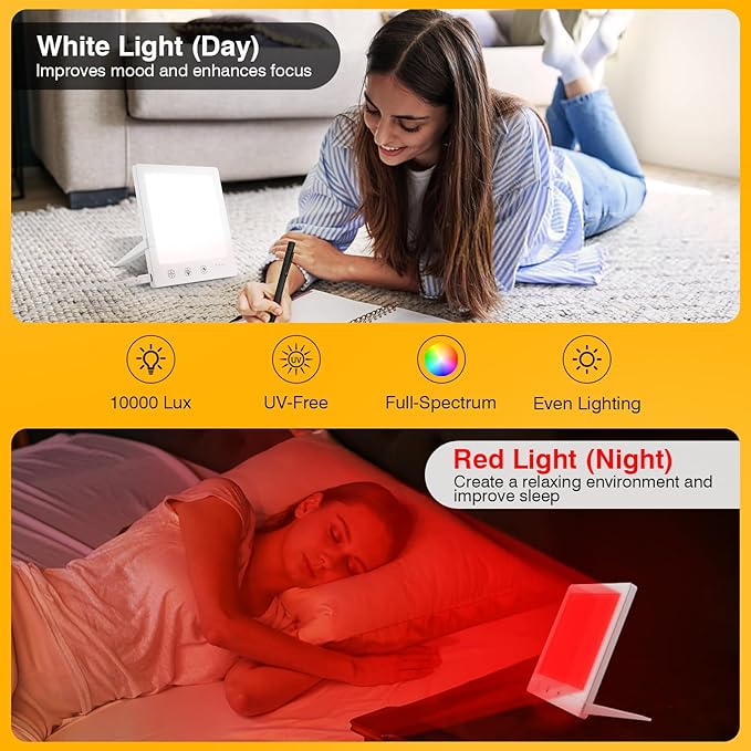GQP Light Therapy Lamp with Red & White Light - 10000 Lux LED Sun Light Therapy Lamp for Face, Improving Mood, Energy, Sleep & Skin Care, with 4 Light Modes & 5 Brightness Levels, Timer, UV-Free