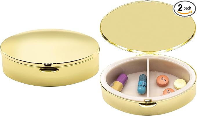 Set of 2 Oval-Shaped Pocket Purse Pill Box & Organizer with Dual Compartments (Gold Classic)