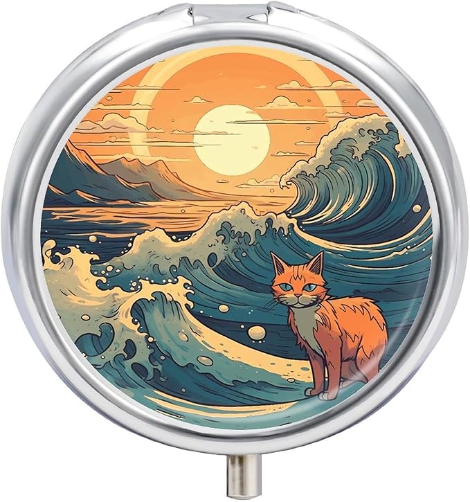 Anime Style Cat Pill Box Travel Pill Case for Purse Pocket Weekly Medicine Organizer with Mirror 3 Compartment Round Medicine Case Portable PillcaseHolder for Daily
