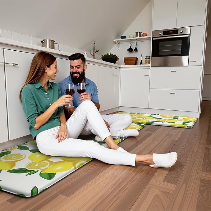 Lemon Kitchen Mats for Floor - Anti Fatigue Mats for Kitchen Floor, Cushioned Non-Skid Washable Memory Foam Rug for Office, Sink, Laundry (17.3"×59"×0.47") White
