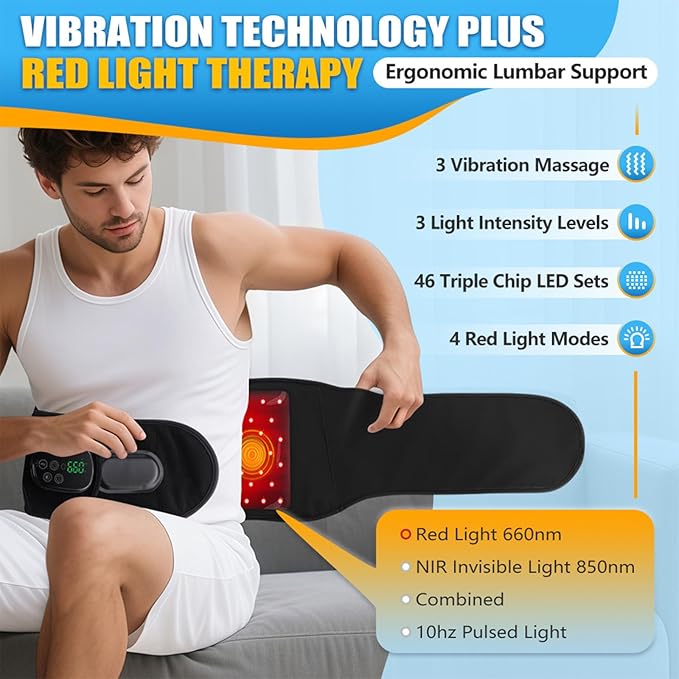 Red Light Therapy Belt for Back & Waist, 660nm 850nm Wearable Red Light Belt with Heat & Vibration, Rechargeable 5000mAh Cordless Heating Pad, 46 LEDs
