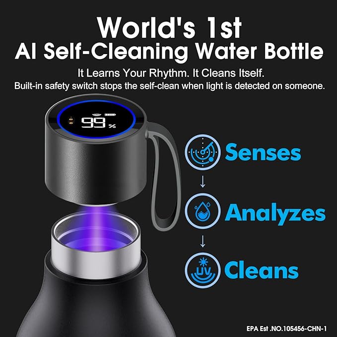 VSITOO 33oz Smart Self-Cleaning Water Bottle，Large Insulated Stainless Steel Bottle with AI Self-Clean, 30-Day Battery & Magnetic Charging for Outdoor Travel, Gym or Office, Black