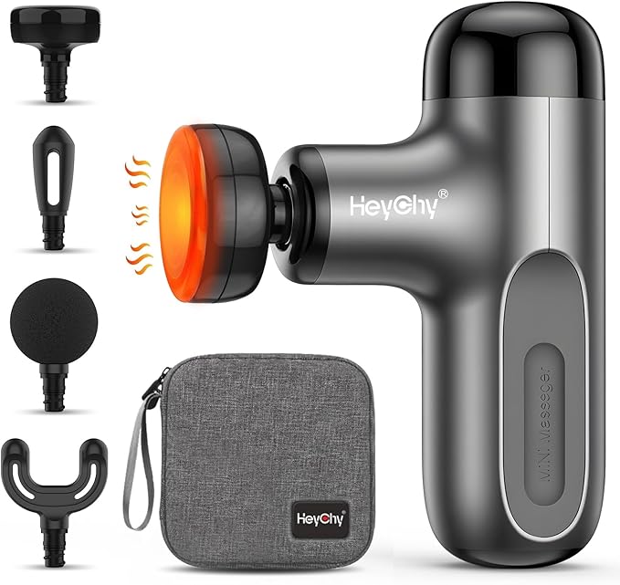 Mini Massage Gun with Heat, Deep Tissue Massage Gun, Portable Percussion Muscle Massager with 4 Massage Heads for Athletes