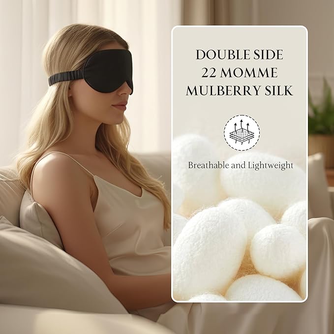 Luxury 22 Momme Mulberry Silk Eye Mask for Women Men Blindfold with Elastic Strap,100% Pure Silk Travel Eye Covers Light Blocking Lightweight Cooling Soft Night Eyeshade Sleep Masks,Black