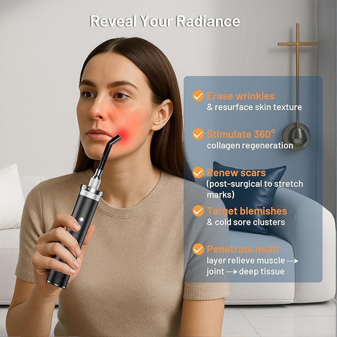 HomeCare Red Light Therapy Wand, Portable Handheld Red & Infrared Light Therapy Device with 5 Wavelengths (460/630/660/850/900nm), 10Hz Pulse, Smart Memory, Rechargeable for Face & Body Care