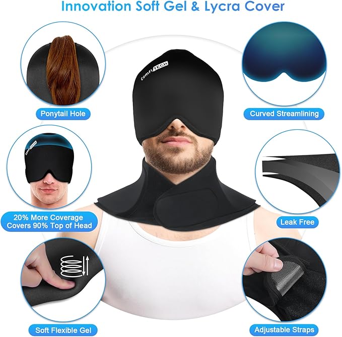 ComfiTECH Cold Cap and Neck Ice Pack Wrap Gel Combo, Care Package for Head and Cervical, Black, Large