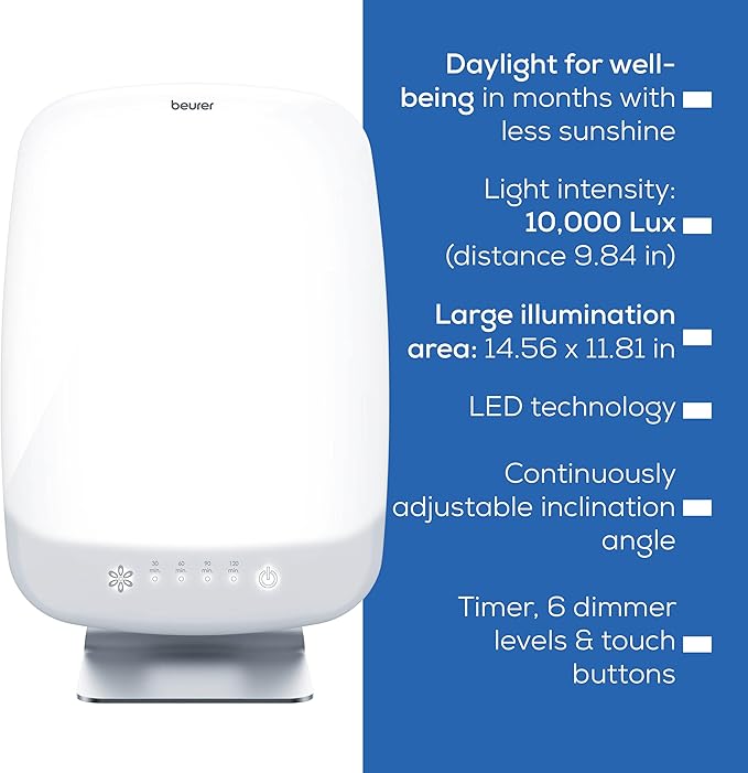 Beurer TL95 Light Therapy Lamp with 10,000 Lux, Extra Bright Lamp with Sunshine Like LED and 6 Dimmer Levels, Memory Function and Timer