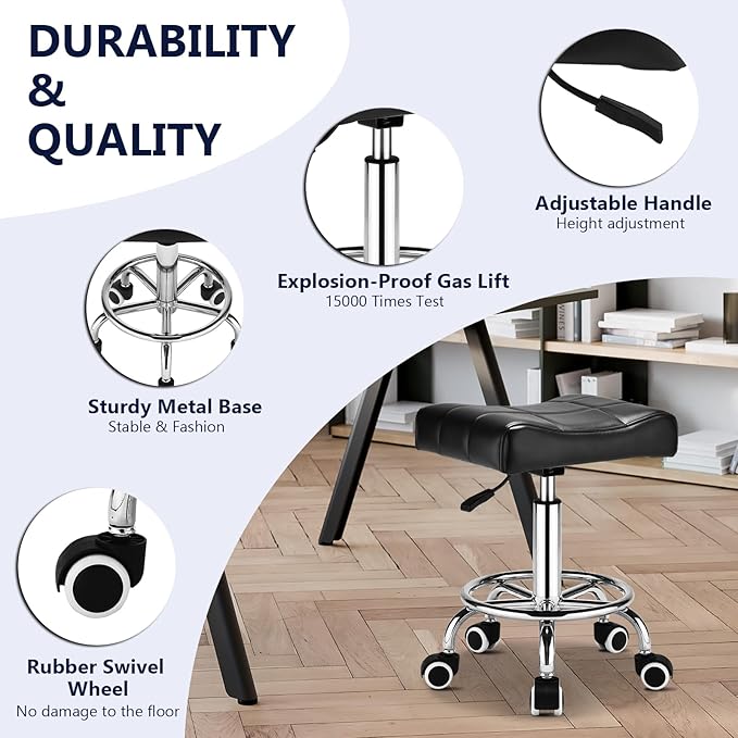 Square Salon Rolling Stool - 300lbs Weight Capacity，Adjustable Swivel Stool with Wheel，Pu Leahter Comfortable Cutting Stools for Salon Tattoo Stylist Massage Perfect for Work SPA (Black)