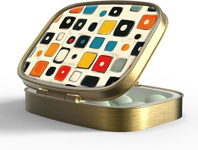 Small Pill Box Pill Case with Mirror Retro Pocket 2 Compartment Pill Holder for Purse or Pocket Bronze Portable Medicine Vitamin Container Fish Oil and Supplement Storage BPA-Free(Abstract Art)
