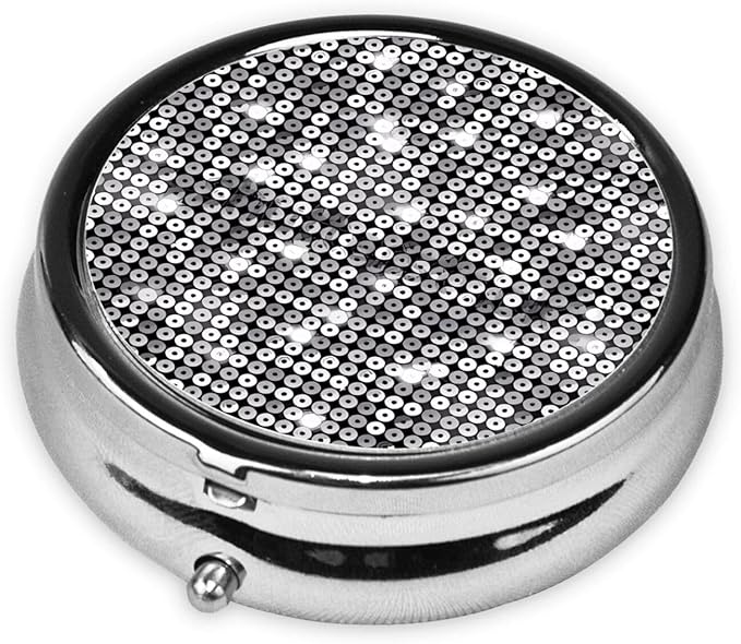 Silver Sequin Sparkle Pattern Printed Round Travel Pill Box Cute Small Metal Pocket Pill Case for Men & Women 3 Compartment Portable Pill Organizer for Purse or Pocket