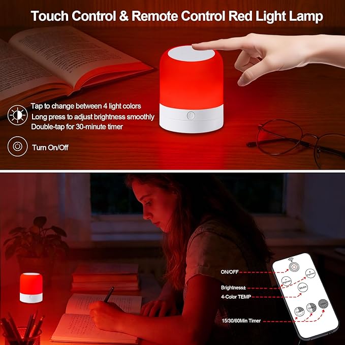 670nm Red Light Night Light Lamp for Sleep - Zero Blue Light, Touch & Remote Control, 4 Color Modes Rechargeable Dimmable Portable Hangable Lamp with Timer for Bedroom Nursery Camping