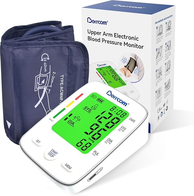 Berrcom Upper Arm Blood Pressure Monitor for Home Use, Automatic Digital BP Machine with Large LED Backlit Display, 2×99 Memory, Adjustable Cuff (8.7"-15.7"), Storage Bag