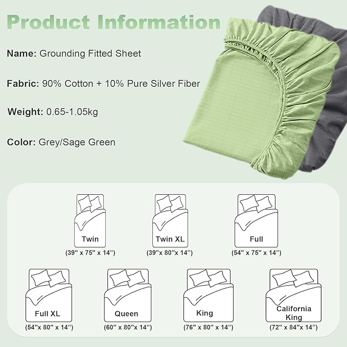 Grounding Sheets Twin Size Premium Cotton for Healthy Sleep Therapy, Deep Pocket Grounding Fitted Sheets Includes Grounding Cord (Beige, Twin -39"x75"x14")
