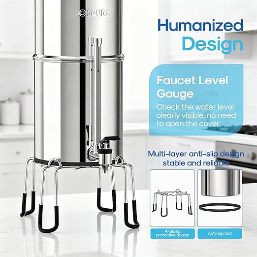 ICEPURE 2.25G Gravity-fed Water Filter System with Sight Glass Spigot, 304 Stainless Steel Countertop System, 2 Black Carbon Filters and Stand, Reduce 99% Chlorine, Lead for Home, Camping, Emergencies