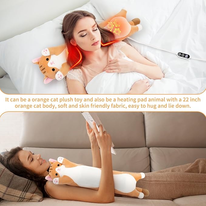 Cat Heating Pad-USB Heated Plush Stuffed Animals for Period Cramps and Menstrual Pain Relief,22” Portable Electric Kitten Heating Pads,Soft Built-Pocket Plush Women Girls Birthday,Orange