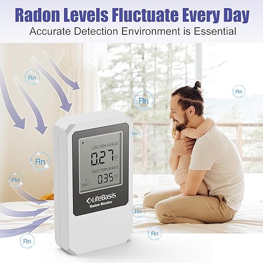 Life Basis Radon Detector for Home Basement, Radon Tester with Long and Short Term Radon Monitoring 0-500 pCi/L Range Battery Operated (Battery Included)- White