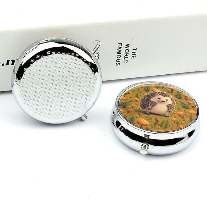 Hedgehog Pill Box Travel Pill Case for Purse Pocket Weekly Medicine Organizer with Mirror 3 Compartment Round Medicine Case Portable PillcaseHolder for Daily