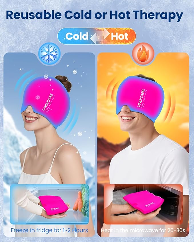 Migraine Relief Cap, ONLYCARE Headache Relief Cap, Soothing Migraine Mask, Odorless Gel Ice Head Wrap, Hot & Cold Therapy, Reusable Ice Pack for Tension and Stress (ROS Red)