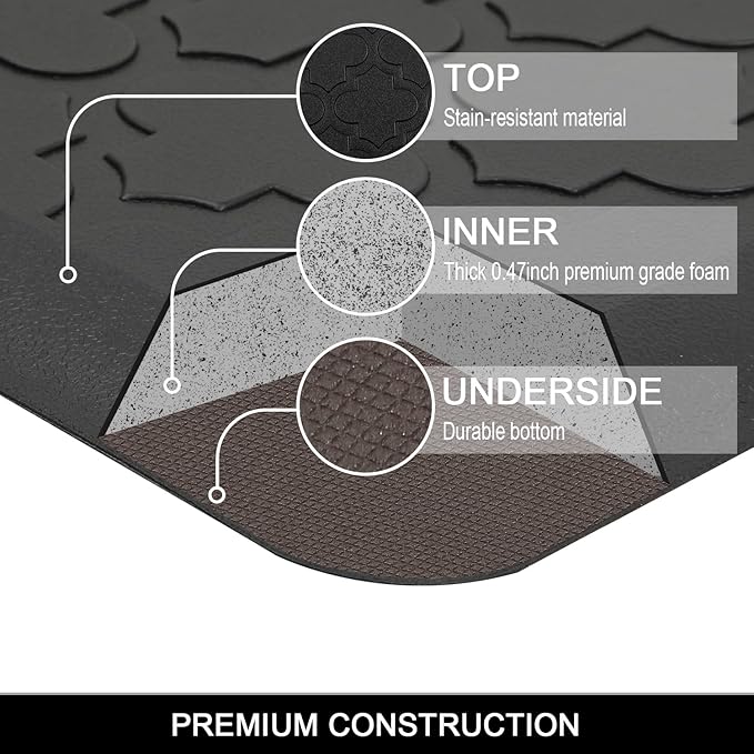 HEBE Kitchen Mat Cushioned Anti Fatigue Comfort Floor Mat Oversized 17.3"x48" Waterproof Non Slip Kitchen Rug Runner Laundry Room Rug Floor Carpet Heavy Duty Comfort Standing Mat Pads, Black
