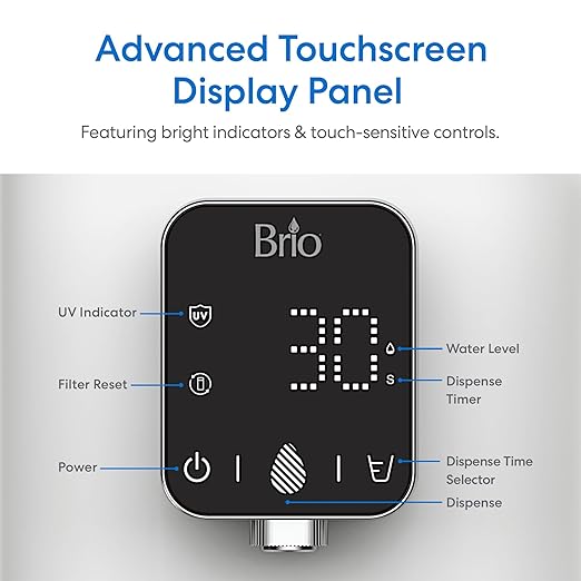 Brio SIMPL W2 Countertop Water Dispenser w/Refillable 2.5L Water Tank, 2-in-1 Sediment & Carbon Filter Included, Room Temp., LED Display w/Touch Buttons, No Plumbing Necessary, White