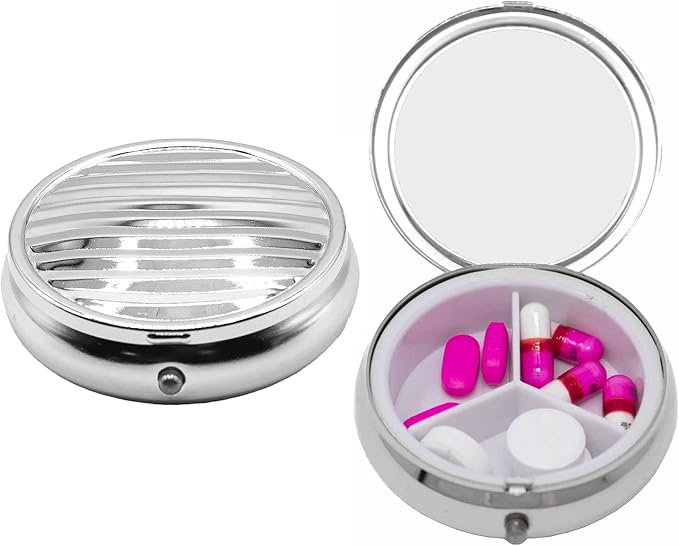 Set of 2 Circular Embossed Triple-Compartment Pocket Purse Pill Box & Organizer (Silver Lines)