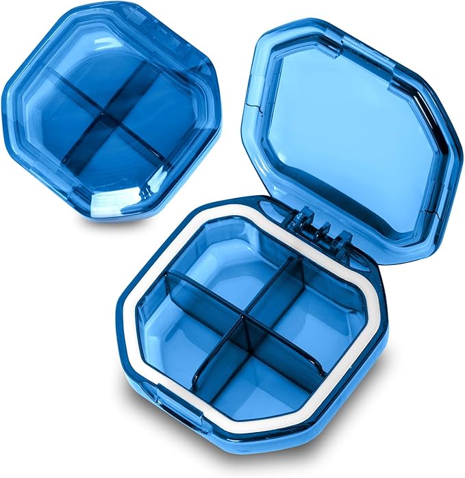 Daily Pill Organizer, 2 Pack 4 Compartments Small Pill Box Portable Pill Case, Travel Pill Organizer for Purse Pocket to Hold Vitamins, Cod Liver Oil, Supplements and Medication (Blue+Blue)